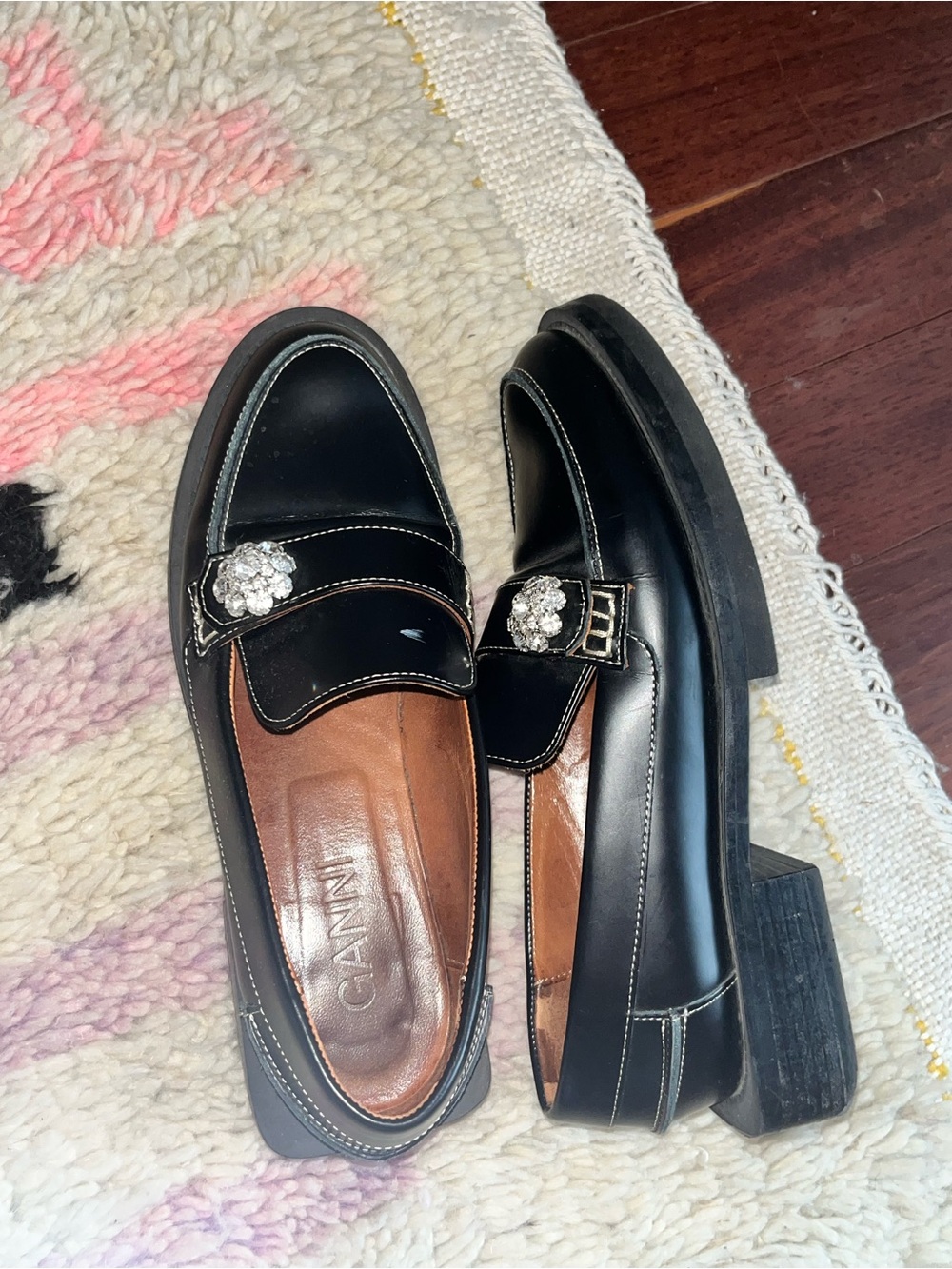 Ganni Black Leather Loafers with Crystal Buckle